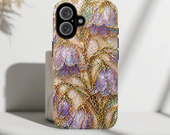 Wildflower faux stained glass phone case, Bellflower iridescent case, Bluebell floral cover, Whimsical flower fairy core case, Nature lover
