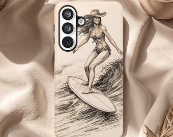 Vintage cowgirl surfer sketch phone case, Minimal Texas surfer hand drawing case, Retro coastal surf art cover, Surf coastal art