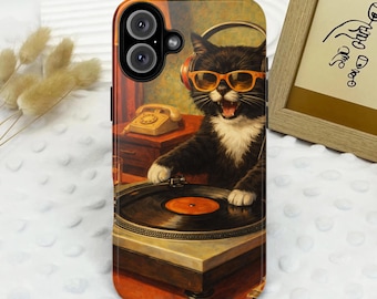 Dj cat vinyl phone case, Retro turntable music case, Funny cat cover, Elegant vintage case,Gift for funny animals lovers,Gift for cat lovers