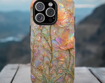 Opalescent floral phone case, Wildflower faux stained glass case, Spring floral iridescent cover, Summer cottage core case, Nature lover