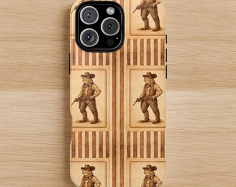 Western funny frog phone case, Post stamp style cowboy frog case, Retro funny animal stripes cover, Rodeo vintage case, Gift for frog lovers