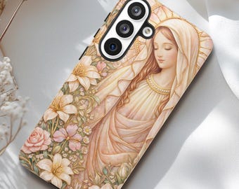 Whimsical religious phone case, Celestial Virgin Mary case, Angelic floral catholic cover, Wildflowers spiritual case, Gift for christian
