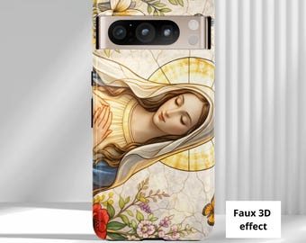 Virgin Mary stained glass faux phone case, Whimsical christian case, Celestial catholic cover, Angelic butterfly case, Religious gifts