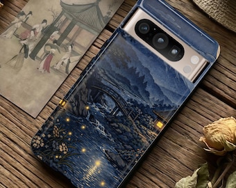 Japanese night landscape vintage case, Ukiyo-e classic painting fireflies night art cover, Cozy relaxing art phone case, Calming retro case