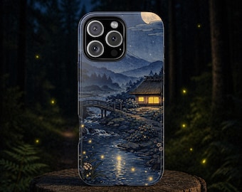 Japanese style night landscape phone case, Ukiyo-e style fireflies ryokan case, Cozy enchanted vibes night art cover, Classic painting case
