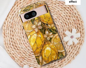Lemon and flowers faux stained glass phone case, Summer fruit iridescent case, Whimsical garden lovers cover, cottage core floral case