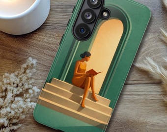 Emerald green woman reading phone case, Library green case, Book lover gifts, Minimalist cover, Dopamine decor, Reading nook homely art case