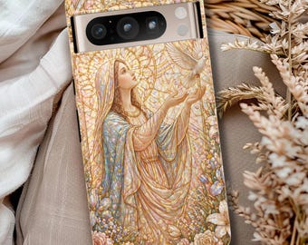Celestial Virgin Mary angelic phone case, Angelic faux stained glass case, Wildflower floral iridescent cover,Spiritual catholic flower case