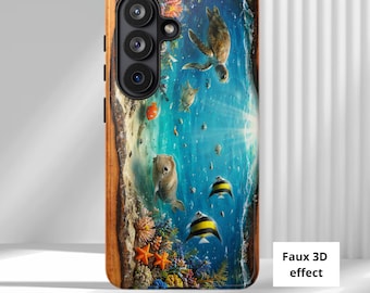 Fish and turtle faux wood resin phone case, Ocean waves 3D look case, Coastal water cover, Summer vibes case, Gift for fish and sea lovers