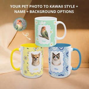 Puede incluir: Tres tazas de cerámica blanca con retratos de mascotas personalizados. Cada taza presenta una mascota diferente: un pájaro, un chihuahua y un gato. Las tazas tienen detalles coloridos y están decoradas con motivos florales. El texto en las tazas incluye el nombre de la mascota y la frase "Your Pet Photo to Kawaii Style + Name + Background Options."