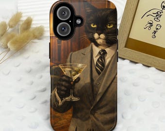 Funny black cat retro phone case, Elegant cat vintage case, Chic cat art cover, Funny animals gift, Gift for funny cat lovers