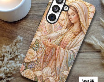 Virgin Mary iridescent phone case, Faux stained glass religious case, Wildflower celestial cover, Whimsical angelic floral Christian cover
