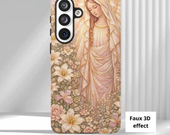 Stained glass faux Virgin Mary phone case, Spiritual catholic case, Celestial christian cover,Angelic wildflowers case,Whimsical floral case