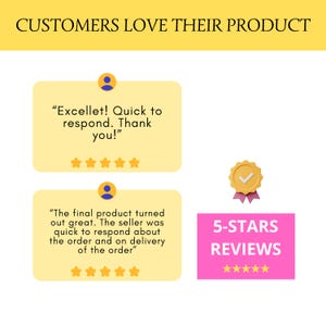 May include: Image with text "CUSTOMERS LOVE THEIR PRODUCT" and customer reviews. Two yellow speech bubbles with customer quotes and star ratings. A pink rectangle displays "5-STARS REVIEWS" with star ratings.