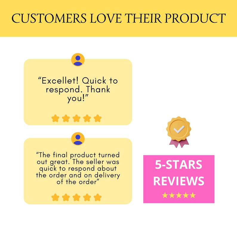 May include: Image with text "CUSTOMERS LOVE THEIR PRODUCT" and customer reviews. Two yellow speech bubbles with customer quotes and star ratings. A pink rectangle displays "5-STARS REVIEWS" with star ratings.
