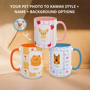 Puede incluir: Tres tazas de cerámica blanca con retratos de mascotas personalizados al estilo kawaii. Cada taza presenta una raza de perro diferente, un nombre y un diseño de fondo. Las tazas tienen asas e interiores de colores, con el texto "YOUR PET PHOTO TO KAWAI STYLE + NAME + BACKGROUND OPTIONS."