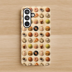 Retro round objects phone case, Vintage pop culture art case, Eclectic retro cover, Burger donuts milkshake vinyl donuts and coffee lovers