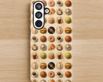 Retro round objects phone case, Vintage pop culture art case, Eclectic retro cover, Burger donuts milkshake vinyl donuts and coffee lovers