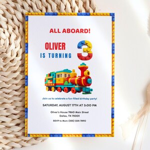 May include: A birthday party invitation with a colorful train illustration made of toy blocks. The invitation reads "ALL ABOARD! OLIVER IS TURNING 3" and includes party details. The border is made of blue and yellow toy blocks.