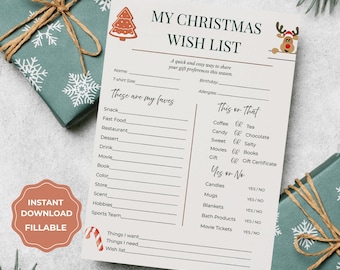Christmas Wish List Adults: Printable Secret Santa Questionnaire (Editable PDF)