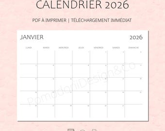 2026 Monthly Calendar in French | Digital Planner to Print at Home | 24-page PDF in A3 and A4 format to download
