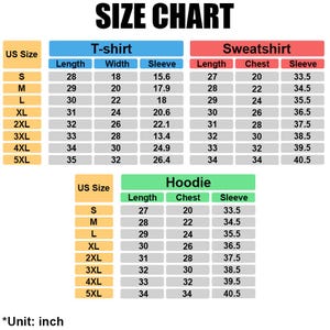 May include: A size chart for t-shirts, sweatshirts, and hoodies. The chart includes measurements for length, width, chest, and sleeve in inches, with sizes ranging from S to 5XL. The text "SIZE CHART" is at the top.