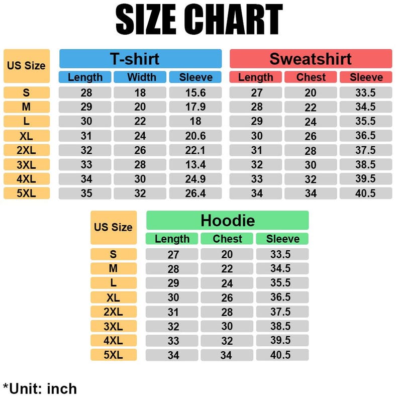 May include: A size chart for t-shirts, sweatshirts, and hoodies. The chart includes measurements for length, width, chest, and sleeve in inches, with sizes ranging from S to 5XL. The text "SIZE CHART" is at the top.