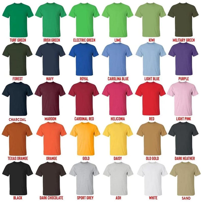 May include: A selection of crew neck t-shirts in a variety of colours, including green, blue, red, and neutral tones. Each shirt is displayed with its colour name, such as "Turf Green," "Navy," and "Red." The shirts are arranged in rows and columns, showcasing a wide range of options.