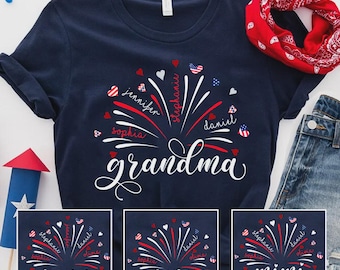 Personalized Grandma 4th of July PNG, Patriotic Grandma Fireworks Shirt Design, Red White Blue Grandma With Grandkids Names