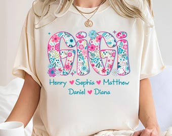 Floral Gigi PNG, Personalized Gigi Shirt Design with Grandkids Names, Custom Flower Gigi Sublimation, Mother's Day Gift PNG