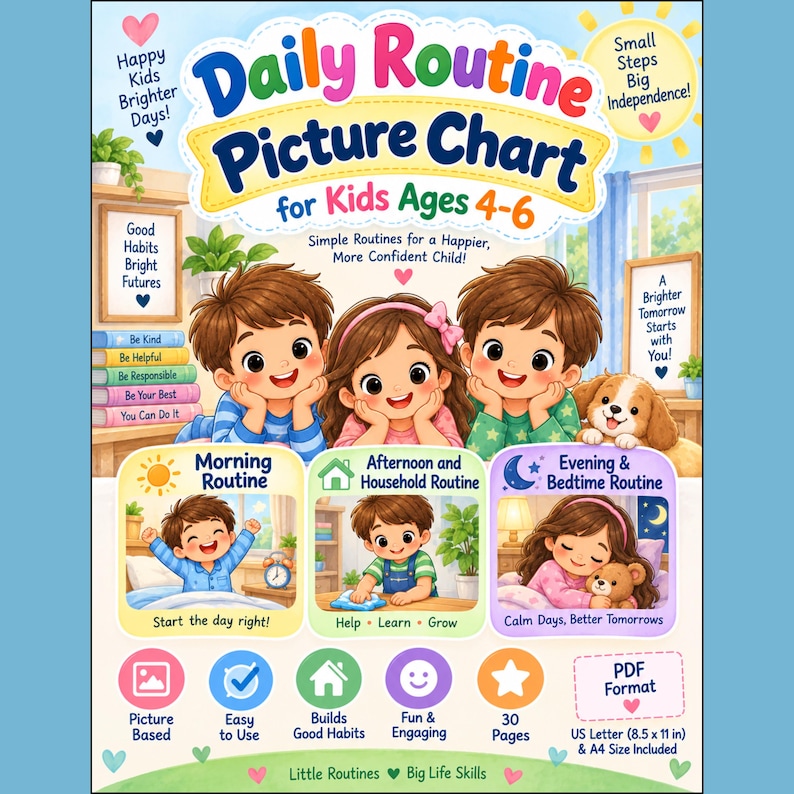 Daily Routine Picture Chart for Kids Ages 4–6 | Printable Morning ...