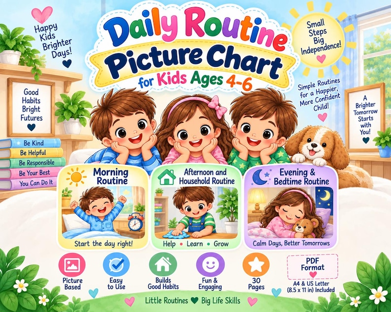 Daily Routine Picture Chart for Kids Ages 4–6 | Printable Morning ...