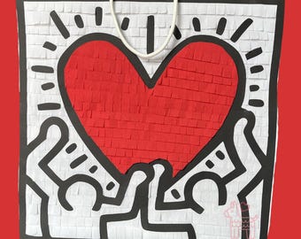 Pop Art Heart Piñata, Red Heart Birthday Party Piñata, Artistic Party Decor, Handmade Kids or Adult Piñata