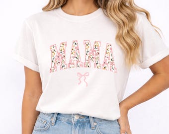 Floral Mama Shirt, Minimalist Mom Top, Bow Mother Tee, Floral Letter T-Shirt.
