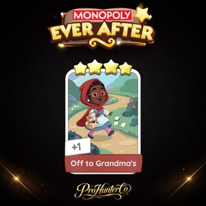 Puede incluir: Una tarjeta del juego Monopoly Ever After con Caperucita Roja. La tarjeta muestra una ilustración de dibujos animados de una niña con una capa con capucha roja caminando por un camino. La tarjeta dice "Off to Grandma's" y tiene un símbolo +1.