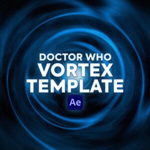 Op de afbeelding: Een wervelende blauwe vortex achtergrond met de witte tekst "DOCTOR WHO VORTEX TEMPLATE". Daaronder een klein paars vierkant met witte "Ae". De achtergrond is donkerblauw met lichtere blauwe wervelingen.
