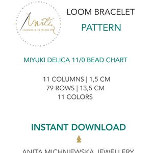 Op de afbeelding: Een digitaal patroon voor een weefarmband op een witte achtergrond, met de tekst "LOOM BRACELET PATTERN" en "MIYUKI DELICA 11/0 BEAD CHART." De tabel bevat 11 kolommen, 1,5 cm, 79 rijen, 13,5 cm en 11 kleuren. De tekst "INSTANT DOWNLOAD" is ook zichtbaar.