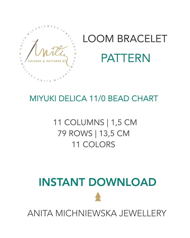 Op de afbeelding: Een digitaal patroon voor een weefarmband op een witte achtergrond, met de tekst "LOOM BRACELET PATTERN" en "MIYUKI DELICA 11/0 BEAD CHART." De tabel bevat 11 kolommen, 1,5 cm, 79 rijen, 13,5 cm en 11 kleuren. De tekst "INSTANT DOWNLOAD" is ook zichtbaar.