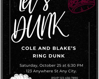 Könnte beinhalten: Schwarze Einladungskarte mit weißem Text, der "let's DUNK" über "COLE AND BLAKE'S RING DUNK" liest. Enthält eine Bierkrug-Illustration und Ring-Illustrationen. Datum und Uhrzeit sind ebenfalls enthalten.