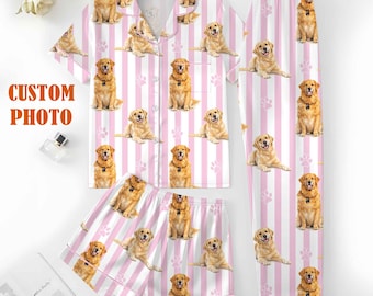 Custom Pet Photo Satin Pajama Set, Personalized Dog Mom Pajamas, Pink Stripe Sleepwear, Custom Dog Portrait PJ Gift for Pet Lovers