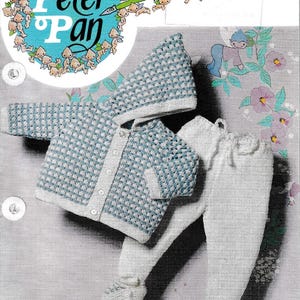 May include: A vintage baby clothing set, featuring a blue and white checkered jacket, hat, and trousers. The image includes a Peter Pan graphic and the text "a Wendy design".