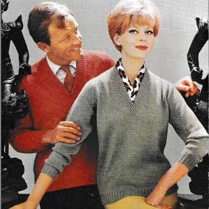1960s Knitted V-Neck Raglan Sweater Pattern: Double Knitting (34 - 44")  (PDF Download)