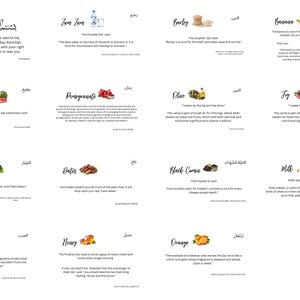May include: A white poster with Arabic calligraphy and illustrations of various foods, including watermelon, dates, and figs. Each food is accompanied by a quote. The poster is designed to be informative and educational.