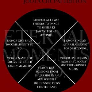 May include: A red background with a black circle featuring text for a game called "Spin the Wheel: Joota Chupai Edition." The wheel is divided into sections with various challenges and dollar amounts.
