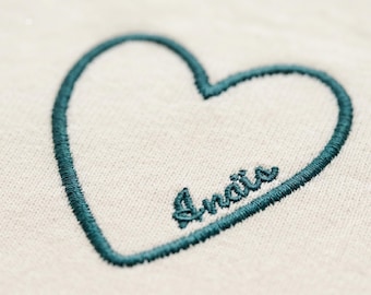 Custom embroidered heart tee with name · L'Ambre · name inside the heart · cotton stitched to last · embroidered in France