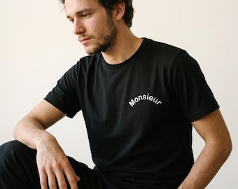 Personalized embroidered tee · arched word Monsieur Madame Bride · La Ronde · made in France · wedding bachelorette gift