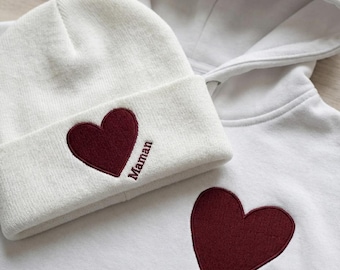 Personalized Embroidered Heart Hoodie | Couple/Family Hoodie | Unique Handmade Gift from France | Custom Pullover in 31 Colors with Name
