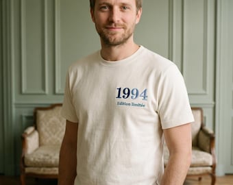 Custom embroidered birthday tee · birth year + Limited Edition · 30th 40th 50th gift · cotton · embroidered in France