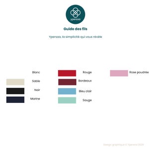 May include: A color reference chart titled Guide des fils by Ypersoa. It displays rectangular swatches of Blanc, Sable, Noir, Marine, Rouge, Bordeaux, Bleu clair, Sauge, and Rose poudr&eacute;e with their corresponding names listed next to each color block.