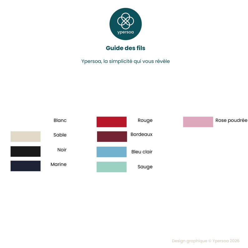 May include: A color reference chart titled Guide des fils by Ypersoa. It displays rectangular swatches of Blanc, Sable, Noir, Marine, Rouge, Bordeaux, Bleu clair, Sauge, and Rose poudr&eacute;e with their corresponding names listed next to each color block.